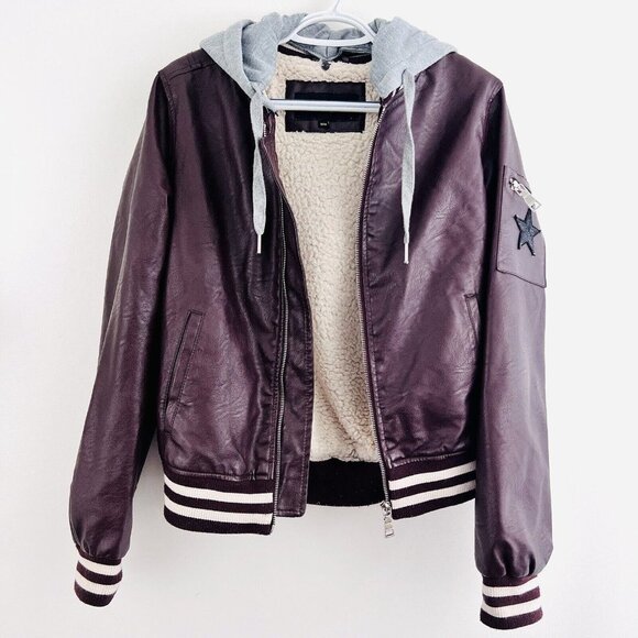 Madden Jackets & Blazers - Madden NYC Burgundy & Gray Faux Leather Sherpa Lined Varsity Jacket ~Size Medium